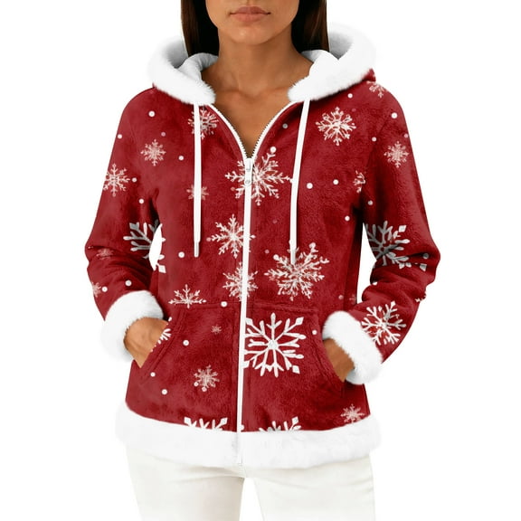 Women's Casual Fashion Long-Sleeve Zip-Up Fleece Hooded Cardigan with Christmas Print, Cozy and Warm for Winter Season,Wine,XL