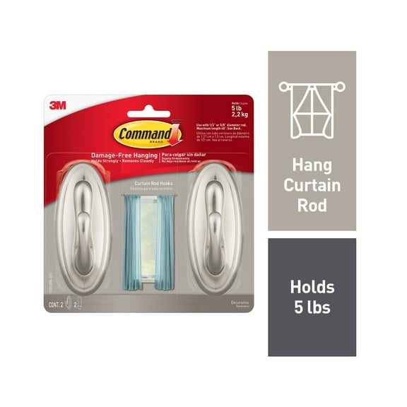 Command Curtain Rod Hooks, Satin Nickle, 2 Wall Hooks, Damage-Free Hanging