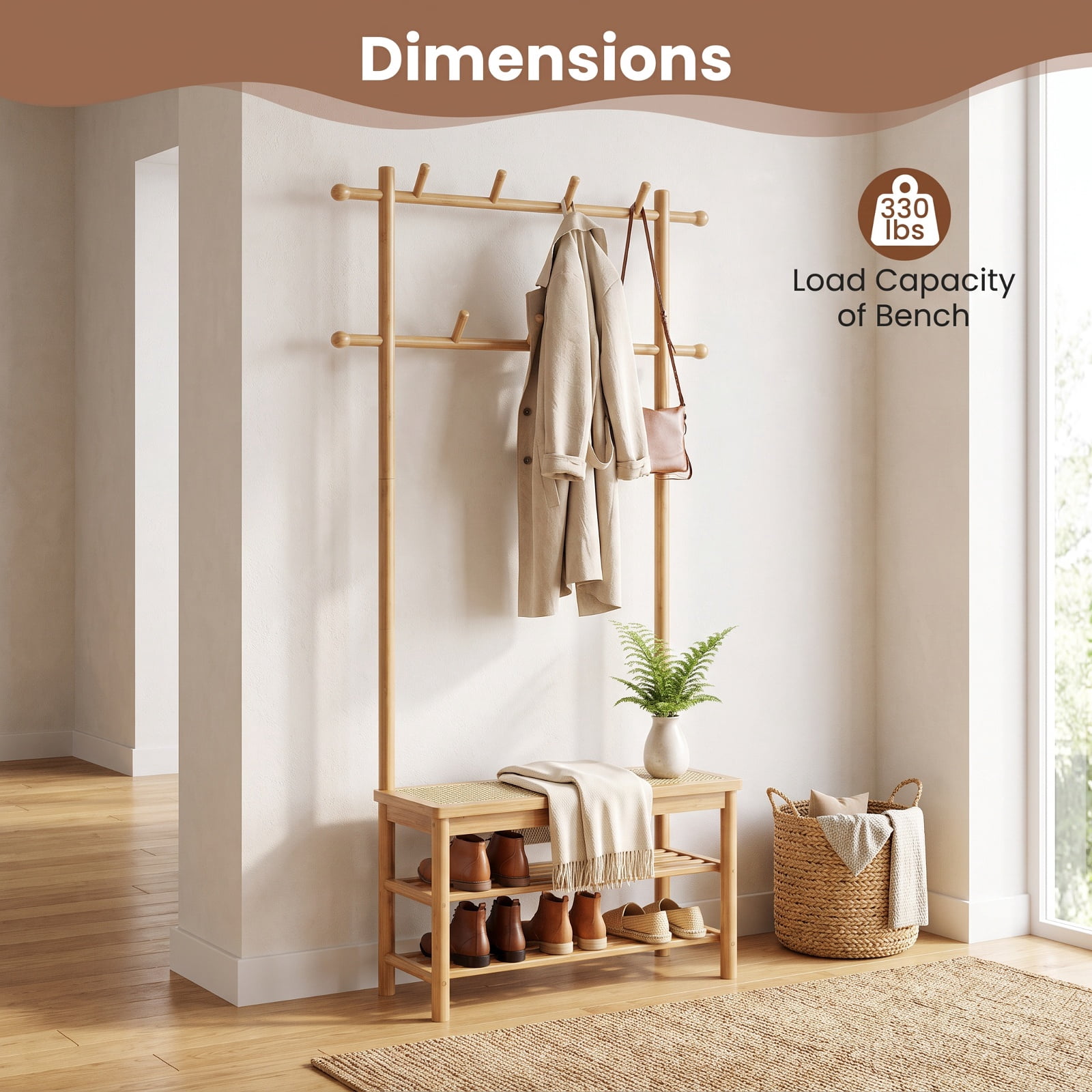 Furnibear 3 in 1 Bamboo Hall Tree Coat Rack with Bench and Shoe Storage and 11 Hooks for Entryway and Foyer and Hallway, Natural