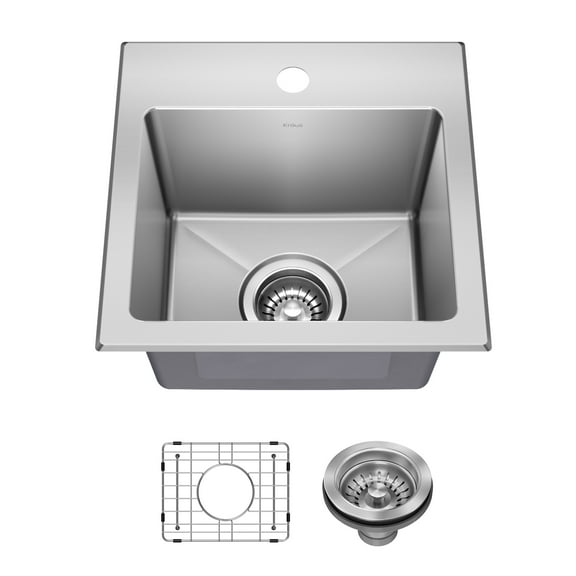 KRAUS Fairlane 15” Drop In / Top Mount Single Bowl 18-Gauge Stainless Steel Kitchen Bar Sink