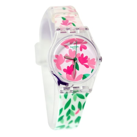 Band Pink Dial Watch - Swatch LK355 Jackaranda Pink Floral Dial Green Leaves White Silicone Band Watch
