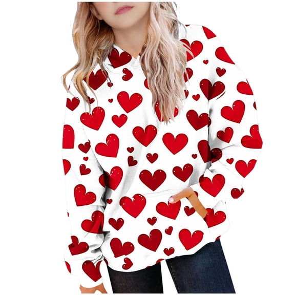 Valentine Hoodies For Kids Long Sleeve Heart Print Pullover Tops Casual Loose Sweatshirts With Pocket (13 Years, Red-A)