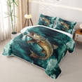 thumbnail image 3 of Erosebridal Teal Rustic Pike Fish Twin Quilt Set for Boys Men, Farmhouse Ocean Wave Twin Coverlet Set, 2pcs, 3 of 7