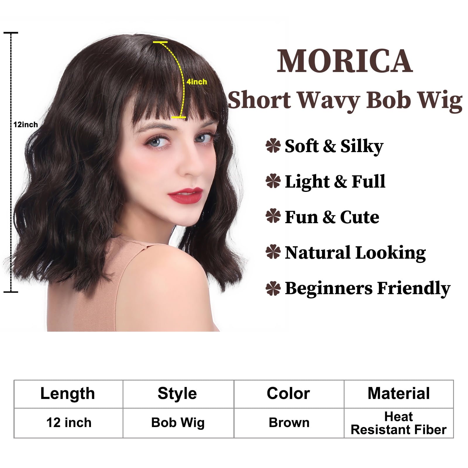 MORICA 12 inch Short Curly Bob Wig with Bangs, Brown  display picture 2