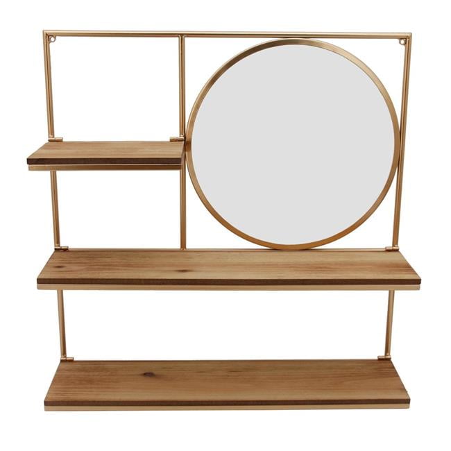 Benjara BM217190 Metal Wall Shelf with 3 Wooden Racks & Round Mirror