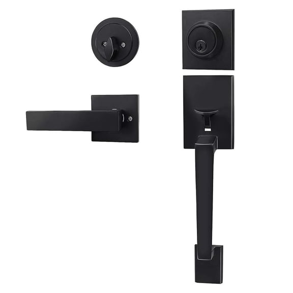 Black Front Door Handle and Deadbolt Lock Set with Reversible Lever, Entry Door Lock Set, 1 pack