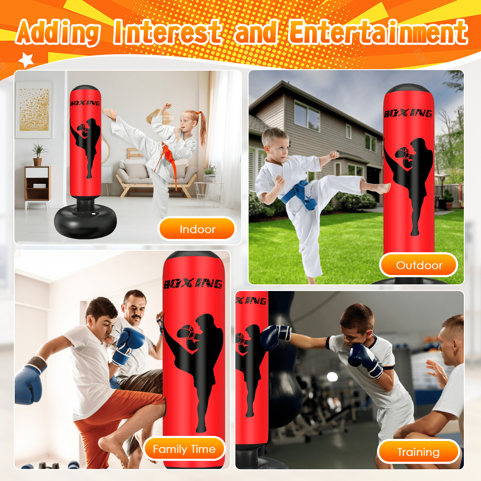 Fohil Punching Bag for Kids Adults, 63 inch Freestanding Heavy Boxing Bag with Boxing Gloves and Pump, Punching Bag Set Toy, for Practicing Karate, Taekwondo, De-Stress, Gifts