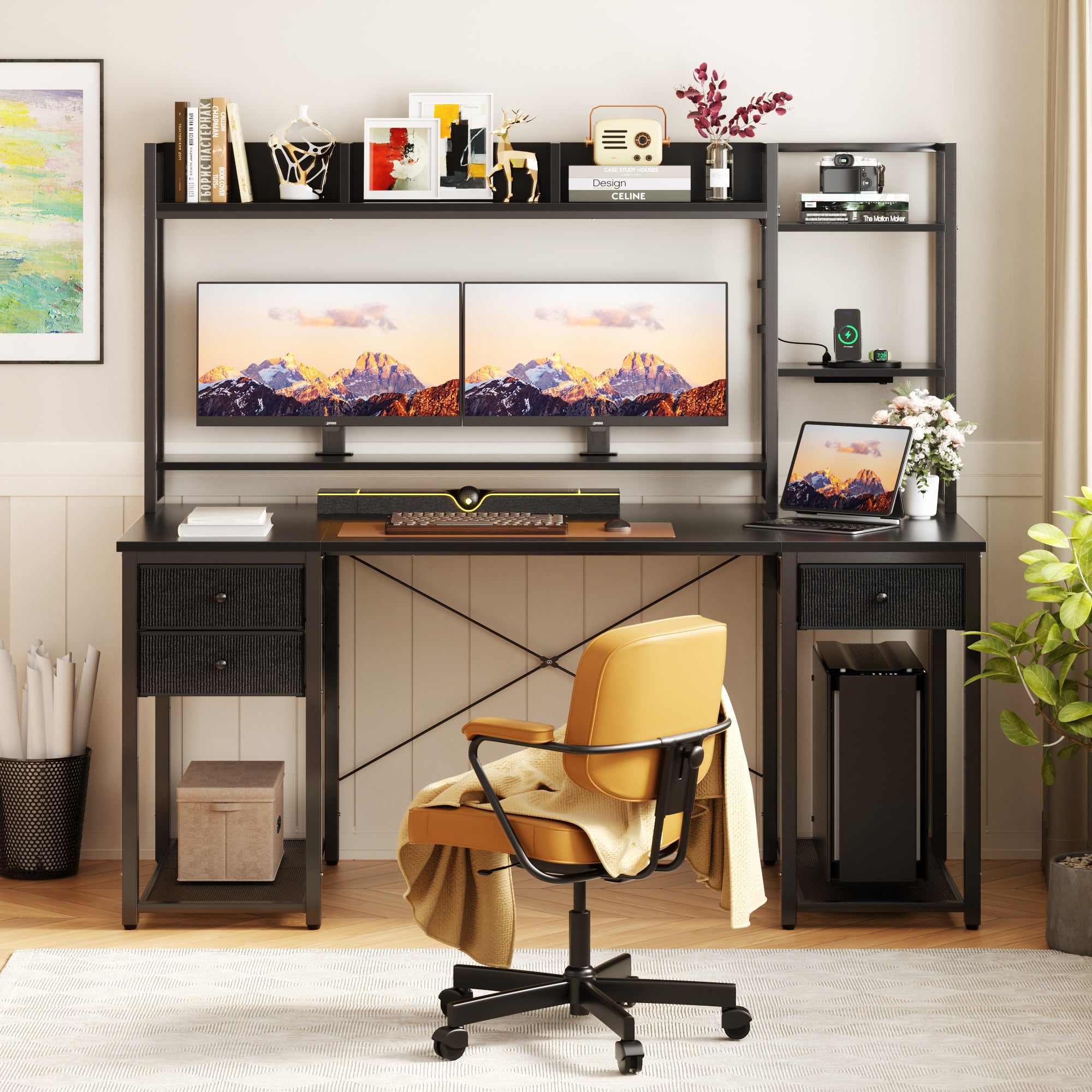 Homieasy Desk with Hutch & Power Outlets, 55.2'' Computer Gaming Desk with LED Lights and Drawers, Reversible Office Desk with Storage Shelves, Workstation Desk for Home & Office, Black