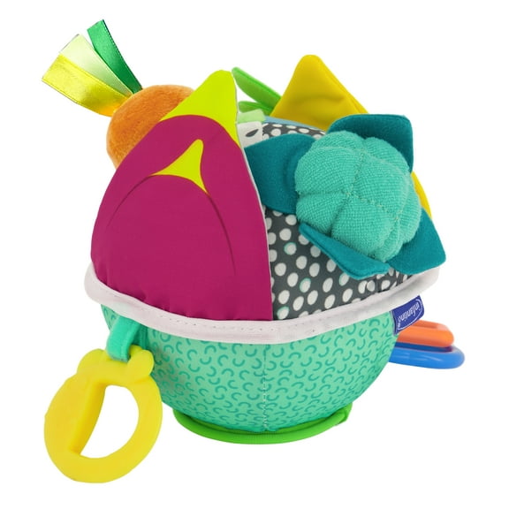 Infantino Busy Lil Soft Sensory Toy Ball with Activities for Babies 6-12 Months, Multicolor Fruits & Veggies