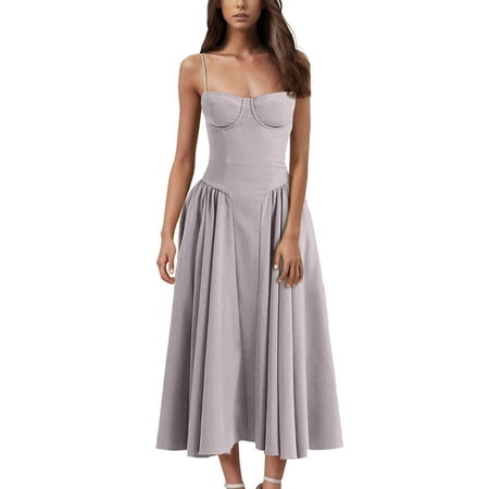 Qwertyu Dresses for Women 2025 Boho Spaghetti Straps Corset Dress Sleeveless Elegant Prom Dresses Flowy Pleated Midi Dress with Pocket Light Gray 2XL