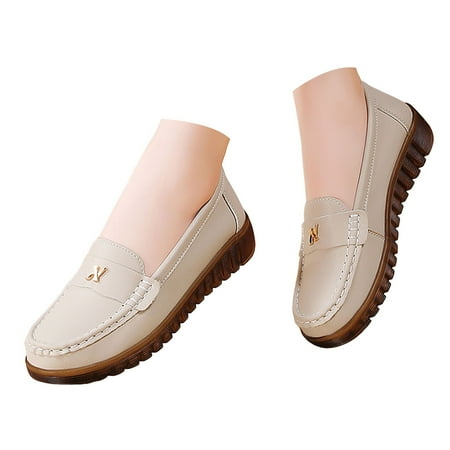 

Zizocwa Casual Loafers for Older Women Lightweight Pu Leather Non Slip Dressy Shoes Fashion Comfortable Flats Wedge Casual Shoes Beige Size6