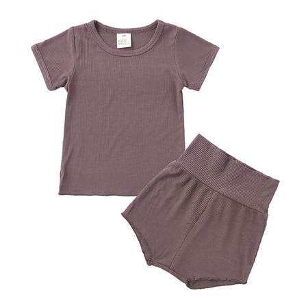 

Esaierr 6M-4Y Newborn Toddler Boys Girls Sleepwear Outfits Baby Short-sleeved Pajamas set Toddler Solid Color Cotton Linen Homewear