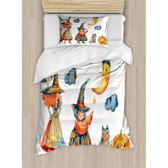 Magic Moon Duvet Cover Set Twin Size, Halloween Pumpkin Crescent Kitten Watercolor Drawing of Old Witches in Fairytale, Decorative 2 Piece Bedding Set with 1 Pillow Sham, Multicolor, by Ambesonne