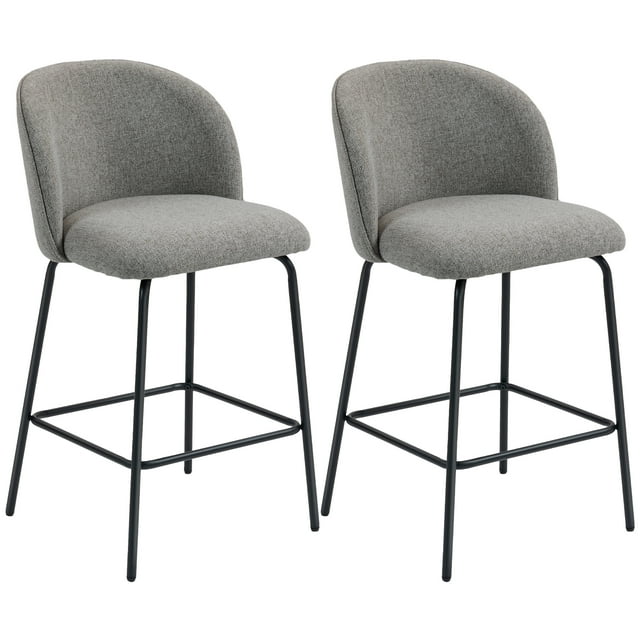 HOMCOM 27" Counter Height Modern Bar Stools Set of 2 with Back, Dark Grey. Designed for kitchen and dining seating, these stools feature a gently curved backrest, wide seat with thick foam cushioning, and linen-look fabric for comfort and style. Steel legs with integrated footrests and adjustable foot pads ensure stability on uneven floors. Ideal for bar counters 35"–39" high.
