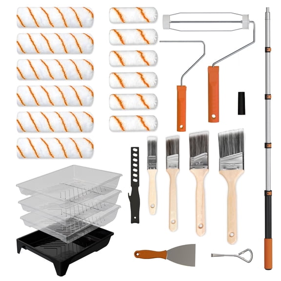 LAANPOLE Paint Roller Kit, 27 Piece Paint Supplies, 9"4" Paint Rollers, 1-4FT Extension Pole, Paint Brushes for Walls, Microfiber Roller Covers for Professional Painting, Orange