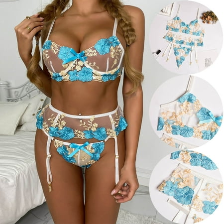 

TANGNADE underwear women Lace Underwear Pajamas Sleepwear Steel Garter Ring Lingerie Floral Embroidery Fashion Lace Blue + M