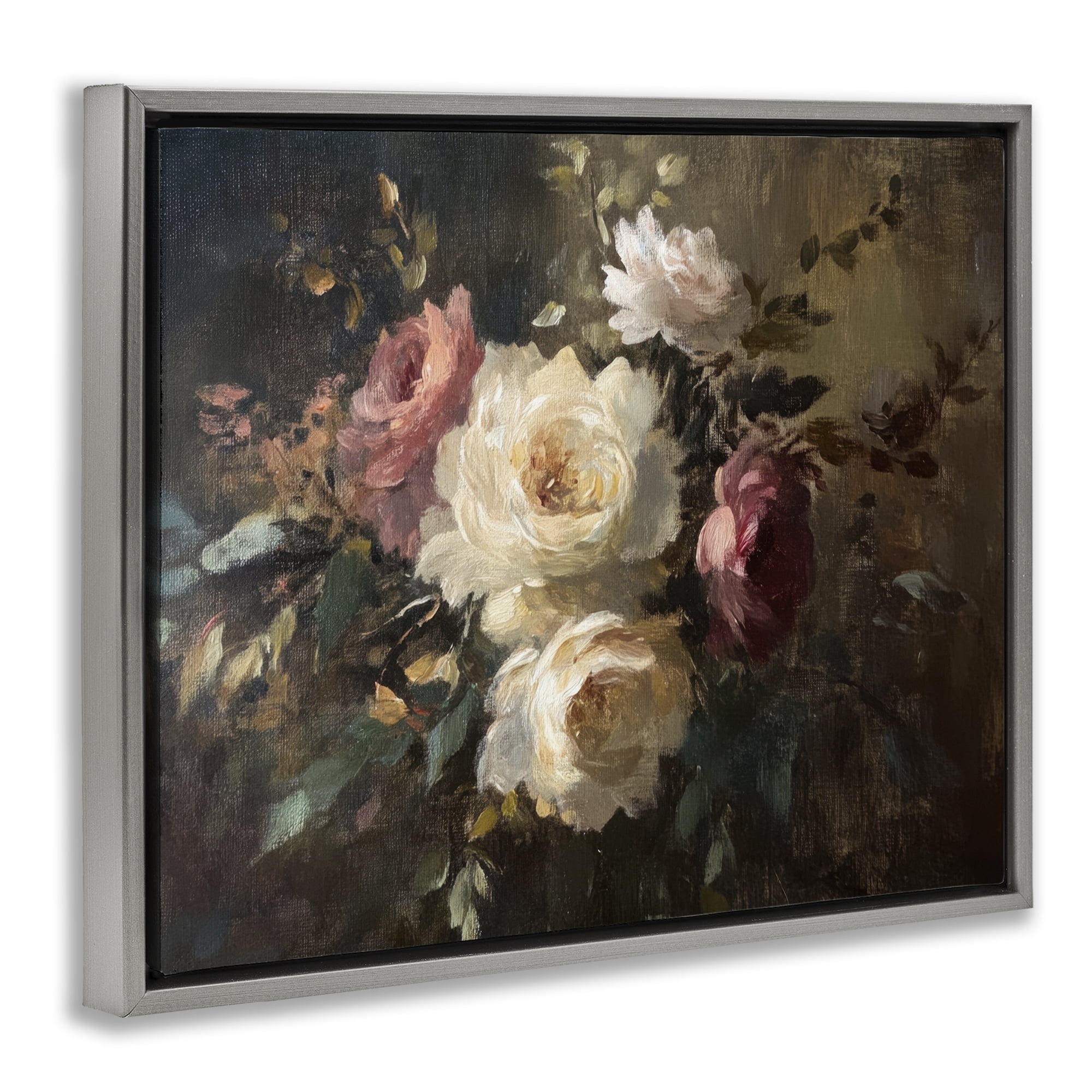 Stupell Industries Dark Still Life Roses Plants & Flowers Painting Gray Floater Framed Canvas Art Print Wall Art, 31 x 25