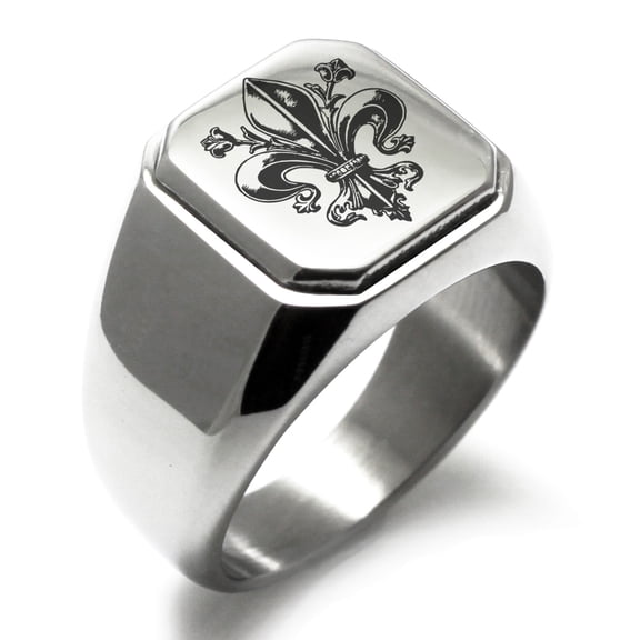 Stainless Steel Antiue Fleur De Lis Engraved Square Flat Top Biker Style Polished Signet Ring