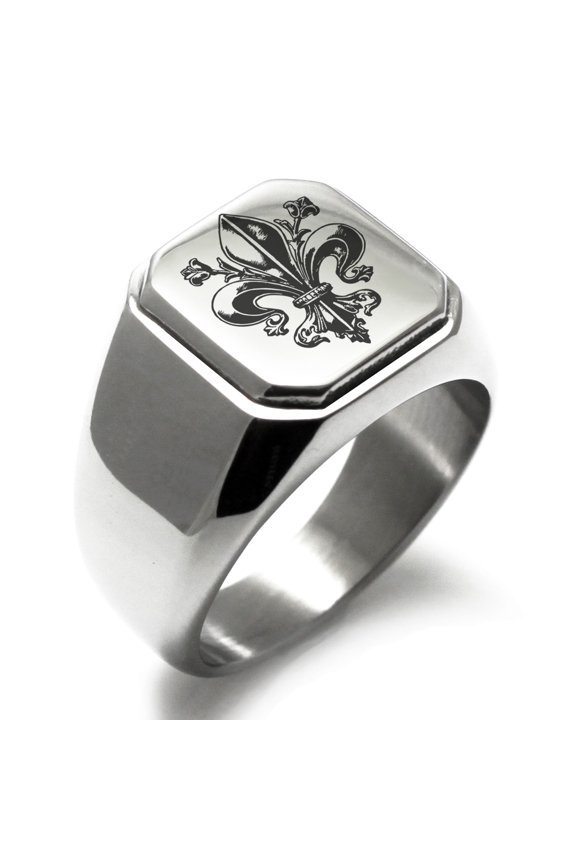 Stainless Steel Antiue Fleur De Lis Engraved Square Flat Top Biker Style Polished Signet Ring