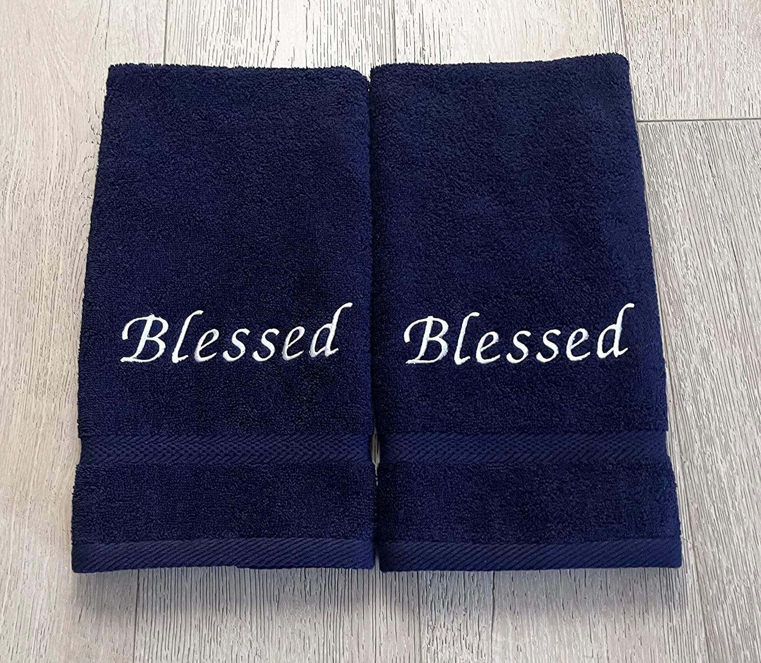Embroidered Hand Towels with Inspirational Message: Blessed (1 Set of 2 Hand Towels) for Bathroom, Kitchen or Spa. (Navy Blue)
