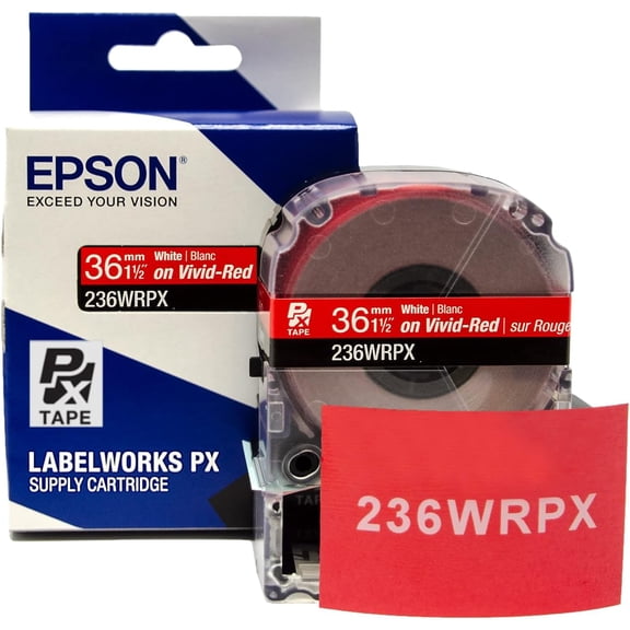 Epson LABELWORKS 236WRPX - White on Red PET Label Maker Tape - 1.5" (36MM) Wide, 30'
