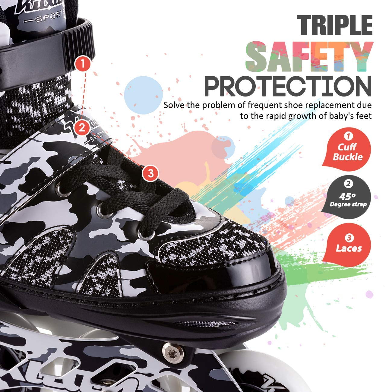 Kuxuan Skates Adjustable Inline Skates for Kids and Youth with Full Light Up Wheels Camo Outdoor Roller Blades Skates for Girls and Boys Beginner - Black Large(3Y-6Y US)