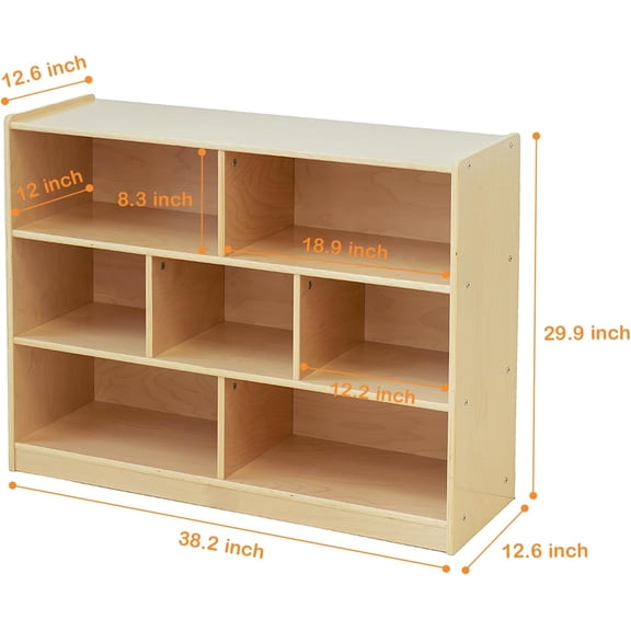 Kids Bookshelf and Toy Storage Shelf, Wooden  Bookcase with 7 Cubbies, 3-Tier  Wood Organizer for Nursery Playroom Classroom
