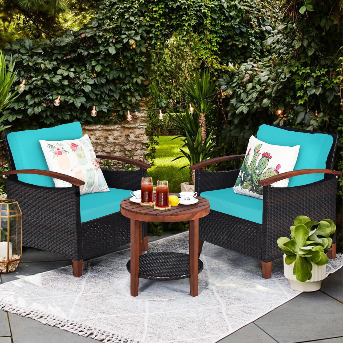 Giantex 3-Piece Rattan Outdoor Conversation Bistro Set with Items Included,  Beige