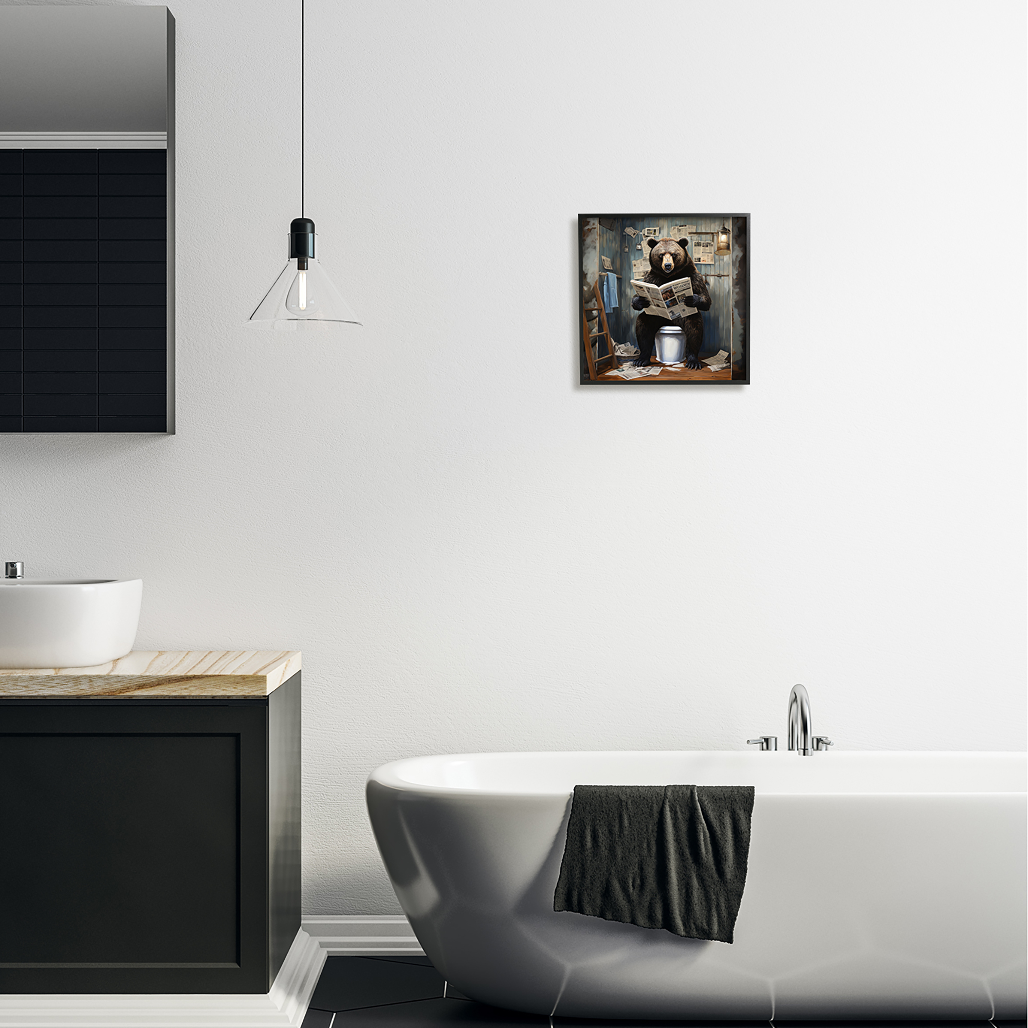 Bear with Newspaper Bathroom Black Framed Giclee Art, 12 x 12