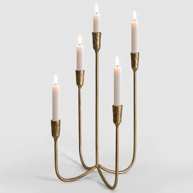 Candelabro SUJUN con 5 velas de hierro fundido, metal, 38 cm de alto, latón dorado
