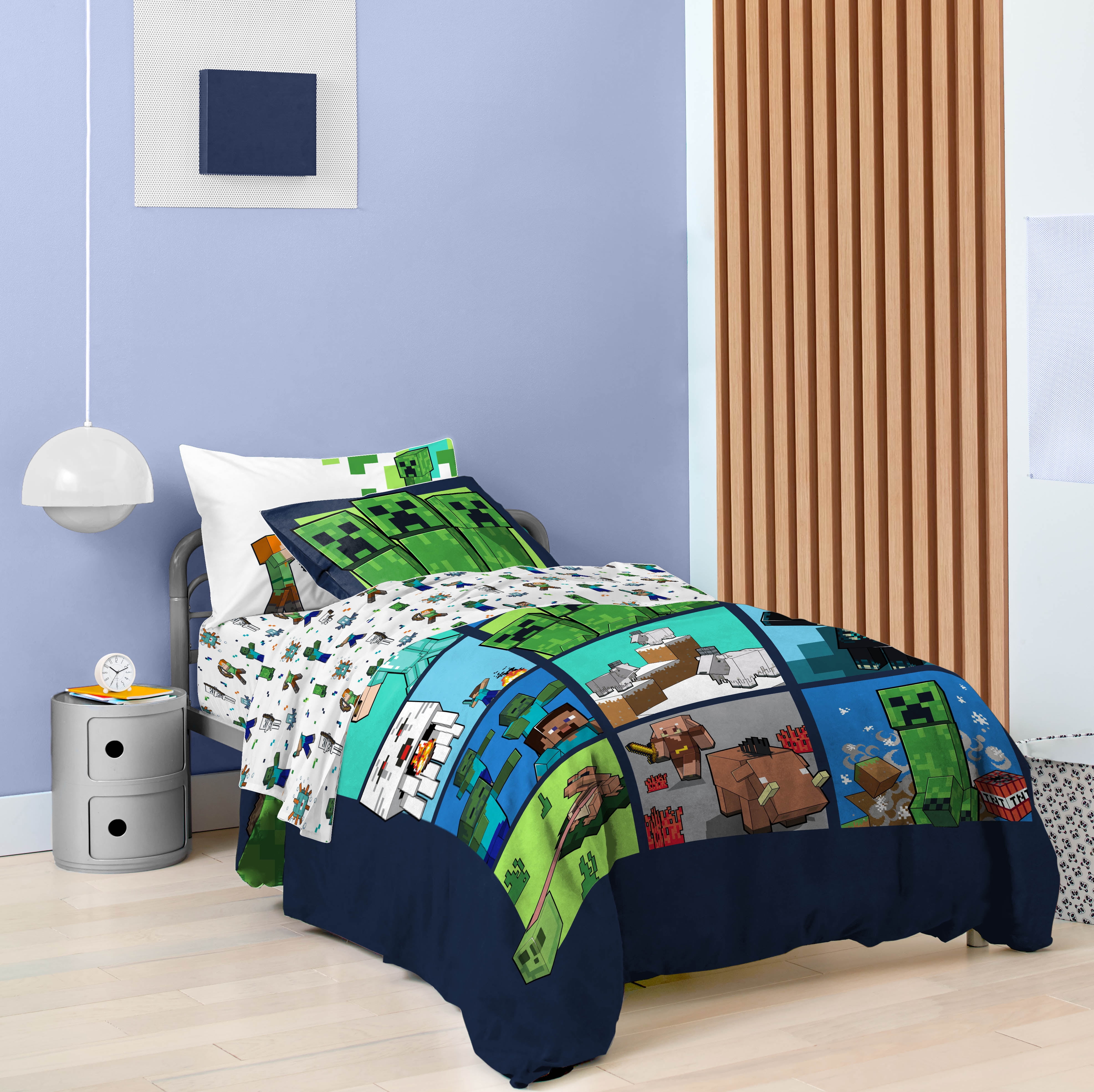 Mojang Minecraft Blue 5 Piece Twin Bed Set w/ Sham, 100% Microfiber