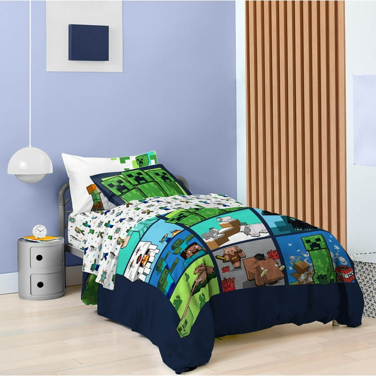 Mojang Minecraft Blue Piece Twin Bed Set w/ Sham, 100