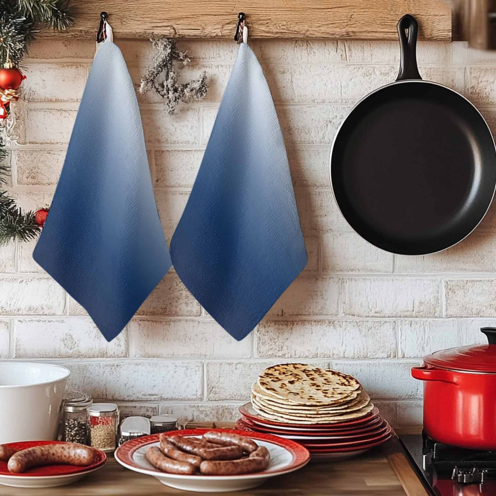 Navy Blue Ombre Kitchen Towels Set of 3, Modern Abstract Art Gradient Aesthetics Absorbent Dish Towels for Kitchen, Microfiber Hand Towel, Quick Drying Tea Towel for Cleaning Decorative Dishcloths