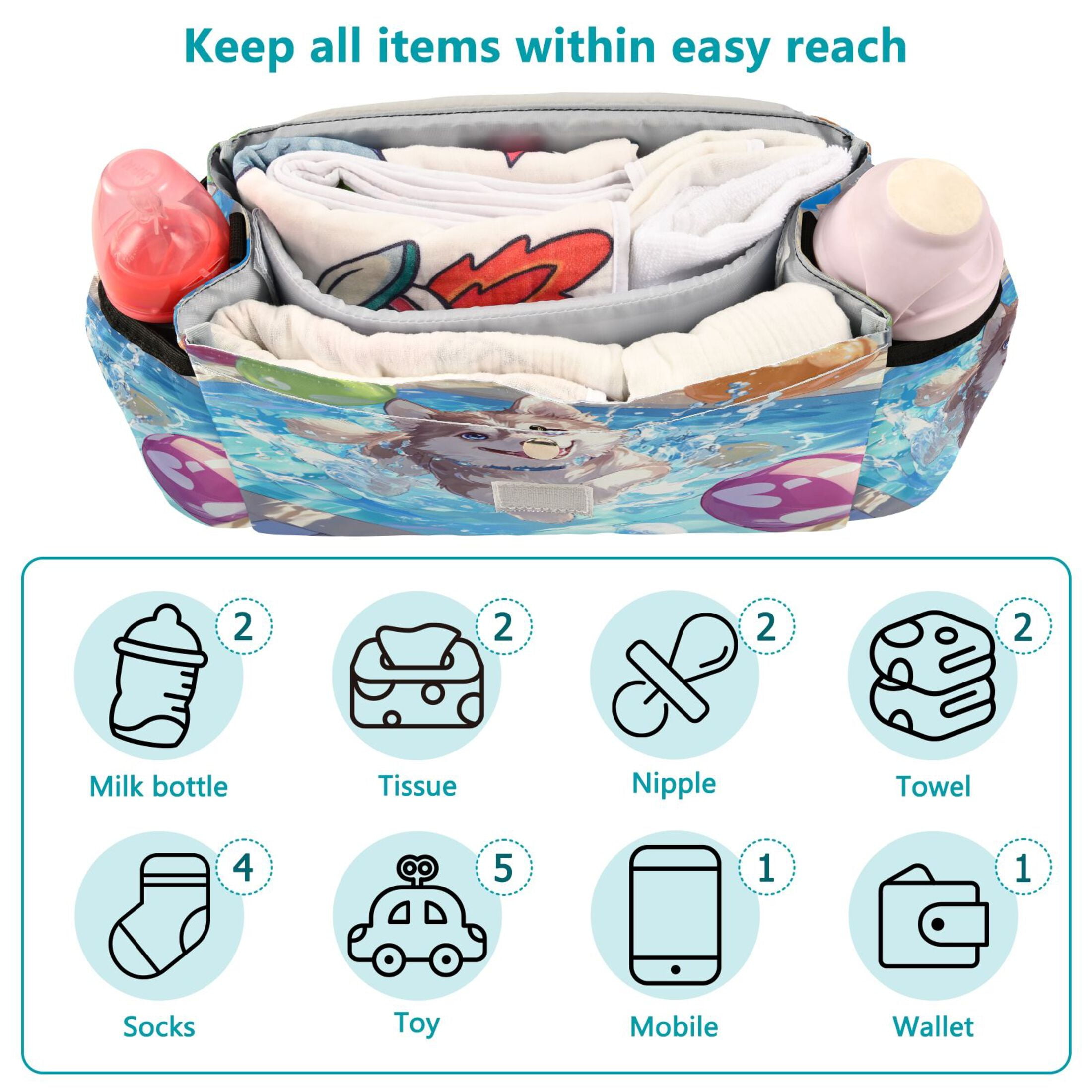 DIXRUYEE Stroller Organizer Joyful Pool Pup Printed