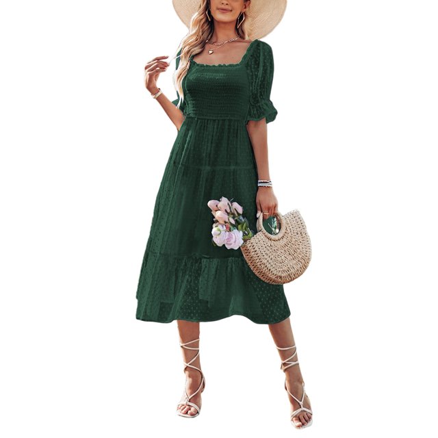 Faithtur Nouvelle Mode Robe Longue d'Été pour Femmes Manches Courtes Bouffantes Col Carré Dos Nu à Pois Suisses