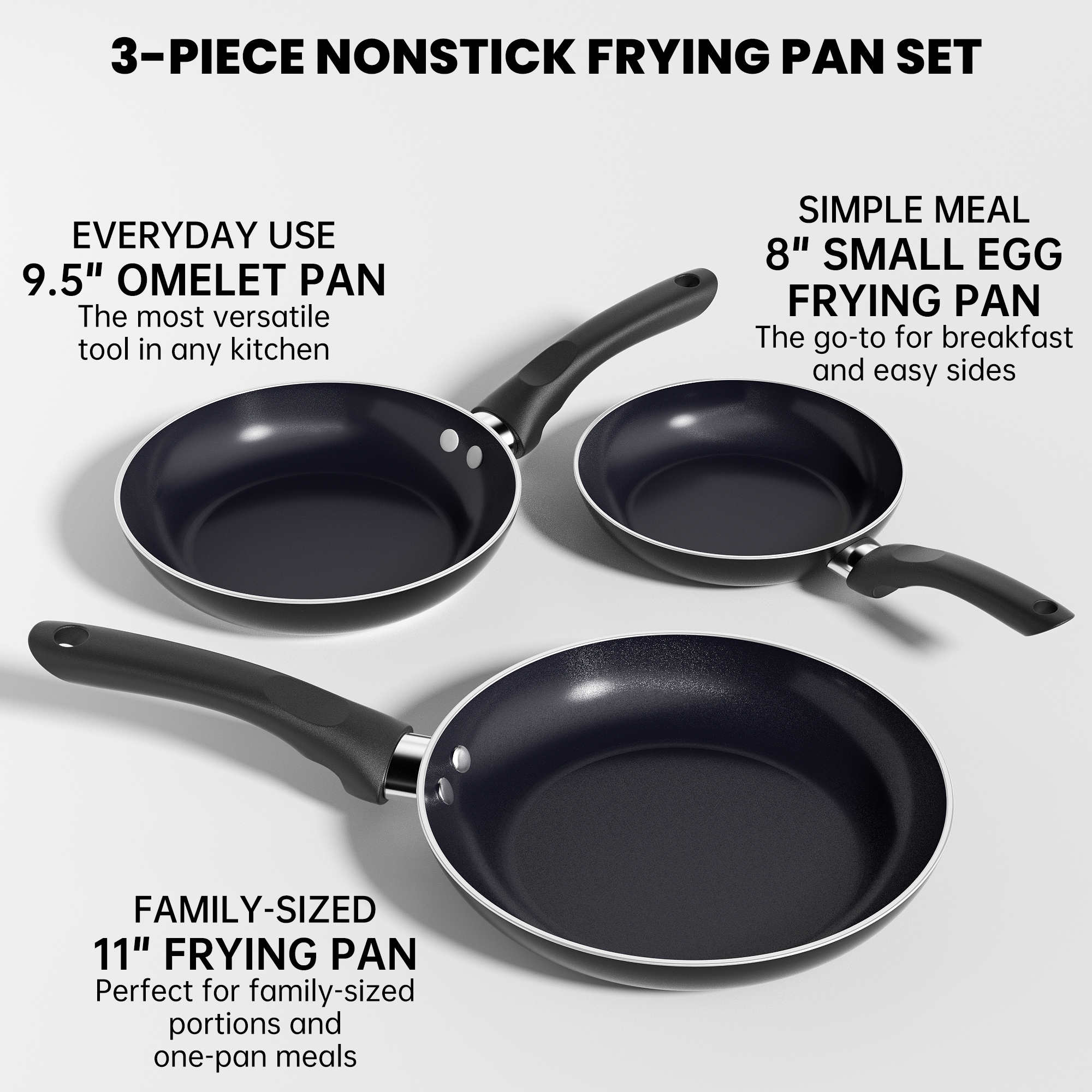 GPED 3-Piece Nonstick Frying Pan Set, 8" 9.5" 11" Skillets photo 4