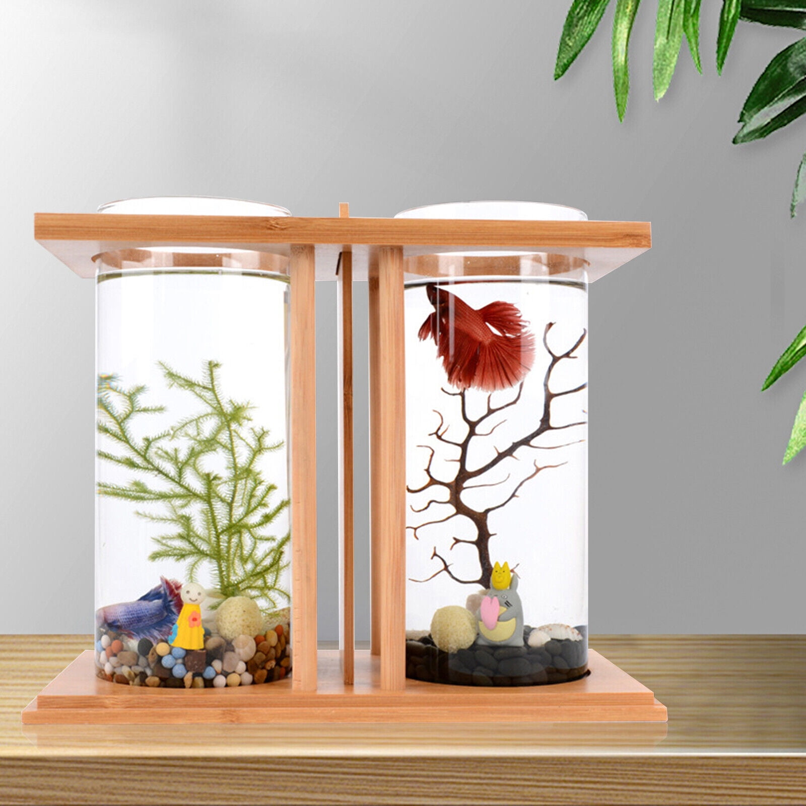 Creative Bamboo & Wood Glass Fish Tank, Home Desktop Dual Glass Mini DIY Goldfish Betta Fish Tank with LED Light, Aquarium Small Fish Tank for Living Room, Office, Bedroom Decor