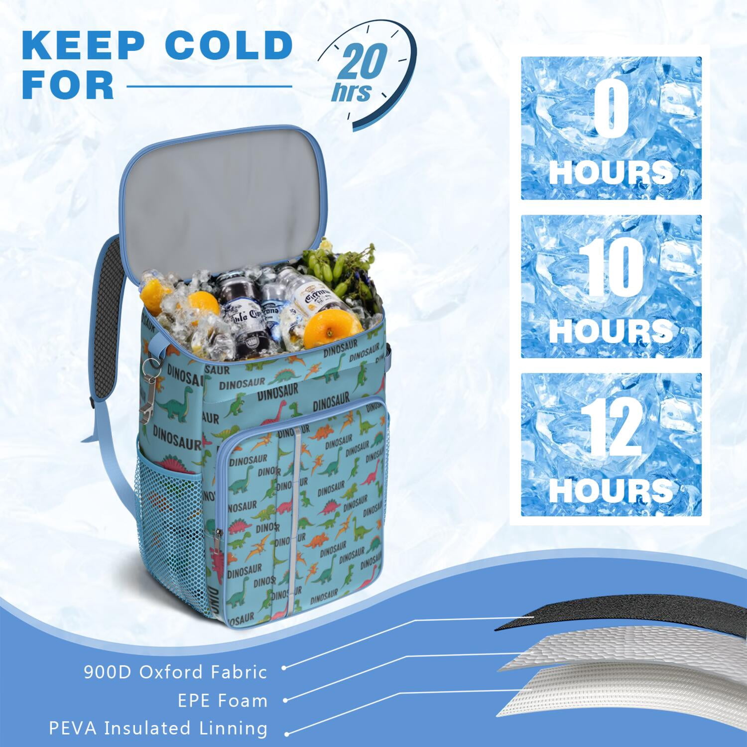 Travel Cooler Bag - Blue Cartoon Dinosaurs Repeating Pattern Camping Beer Cooler Backpack with Bottle Opener- Waterproof Insulated Picnic Backpacks - Cooler Bag for Beach