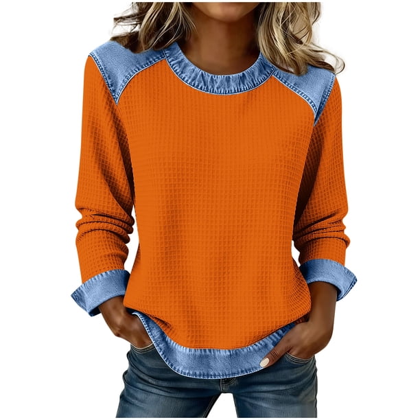 Camisetas de Manga Larga para las Mujeres Loose Fit Color Sólido Blusa de Cuello Redondo Top Suave Casual