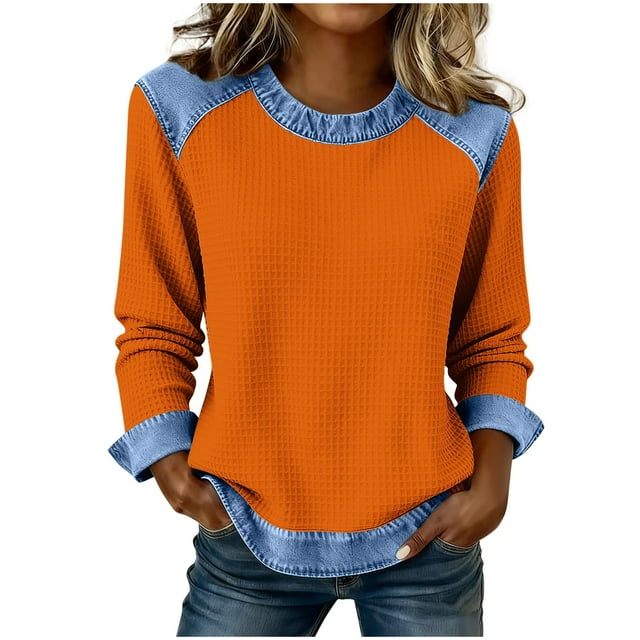 Camisetas de Manga Larga para las Mujeres Loose Fit Color Sólido Blusa de Cuello Redondo Top Suave Casual