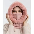 thumbnail image 3 of GRNSHTS Women One Piece Slouchy Fleece Beanie Hats Scarf Mask Drawstring Warm Hooded Winter Balaclava Pullover Knitted Hat (Pink), 3 of 11