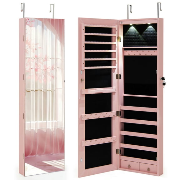 YYAo Jewelry Storage Cabinet, Jewelry Cabinet, Wall and Door Mounted Mirrored Jewelry Cabinet with Lights-Pink