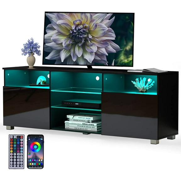 High Glossy LED Black TV Stand for 55/60/65 inch TV,Modern LED Entertainment Center with Adjustable Storage Shelves,Game Console Entertainment Center,TV Table Media Furniture (57inch, Black)