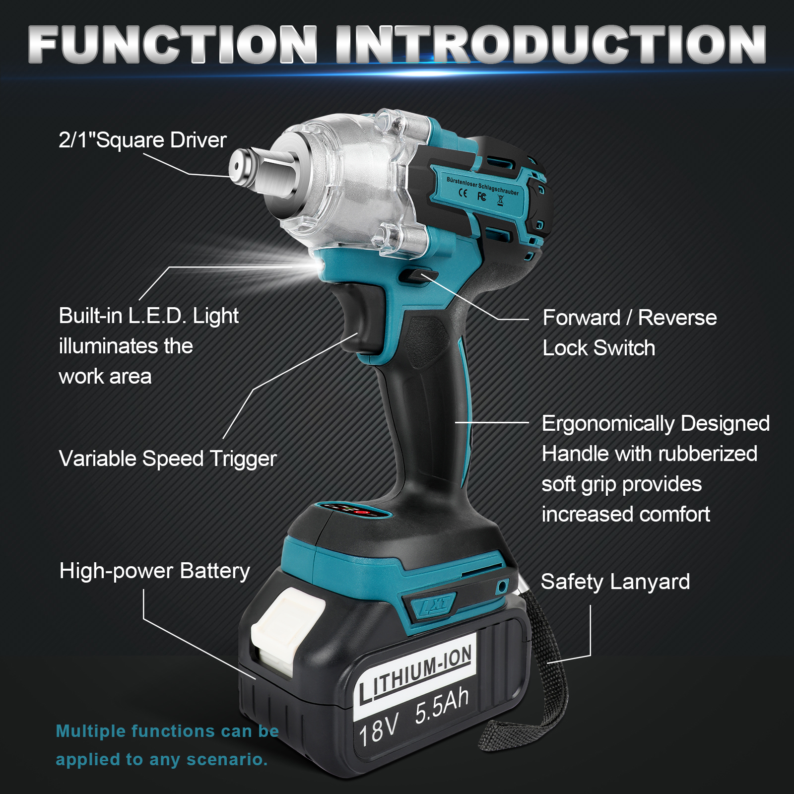 Cordless Impact Wrench 1/2 Inch Impack Gun 21V Power Impact Driver Impack Drill  Max Torque 550Nm 3200RPM Li-ion 5.5AH Battery Pack Electric Impact Wrench  for Car Home
