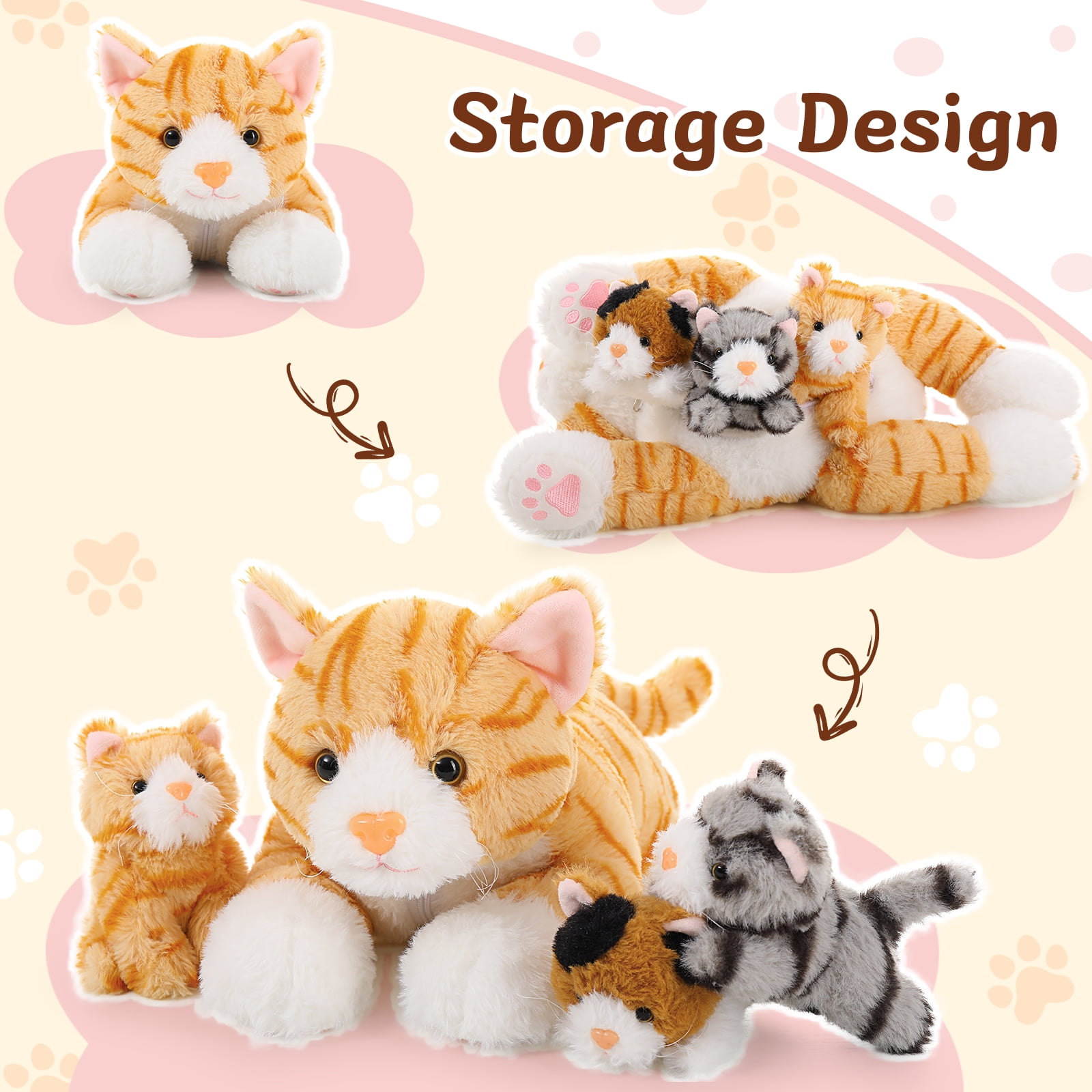 Muiteiur 4 Pcs Cat Stuffed Animal 15.7'' Cat Plush with 3 Babies
