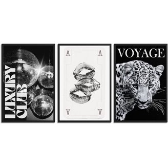 Set Of 3 Blue Canvas Wall Art - Cheetah, Disco Ball & Kiss Lips Prints Framed 12x16in