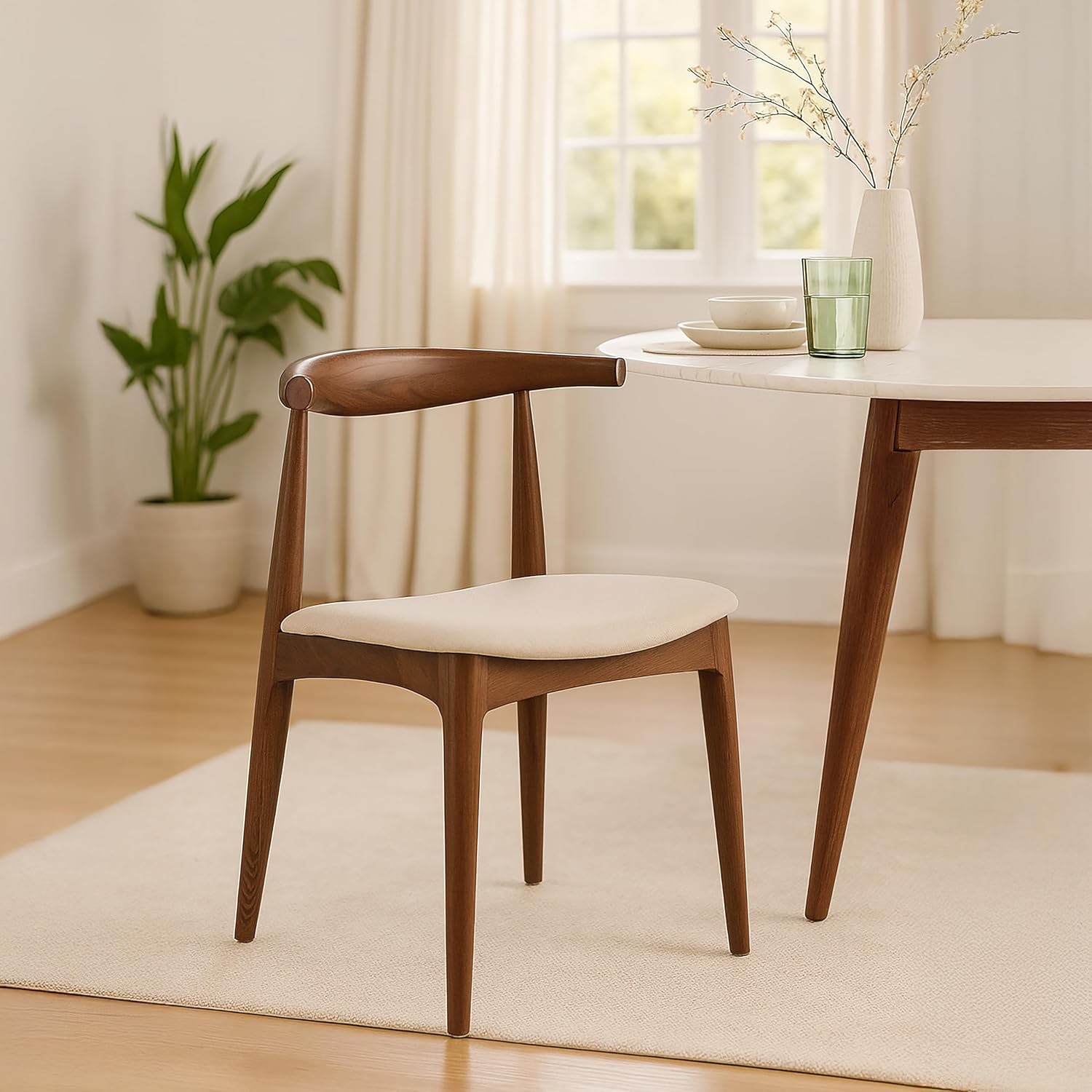 2xhome Set of 2 Contemporary Farmhouse Real Solid Wood Cloth Cushion Seat Dining Chairs Elbow Side Chair (Espresso-Beige Seat)