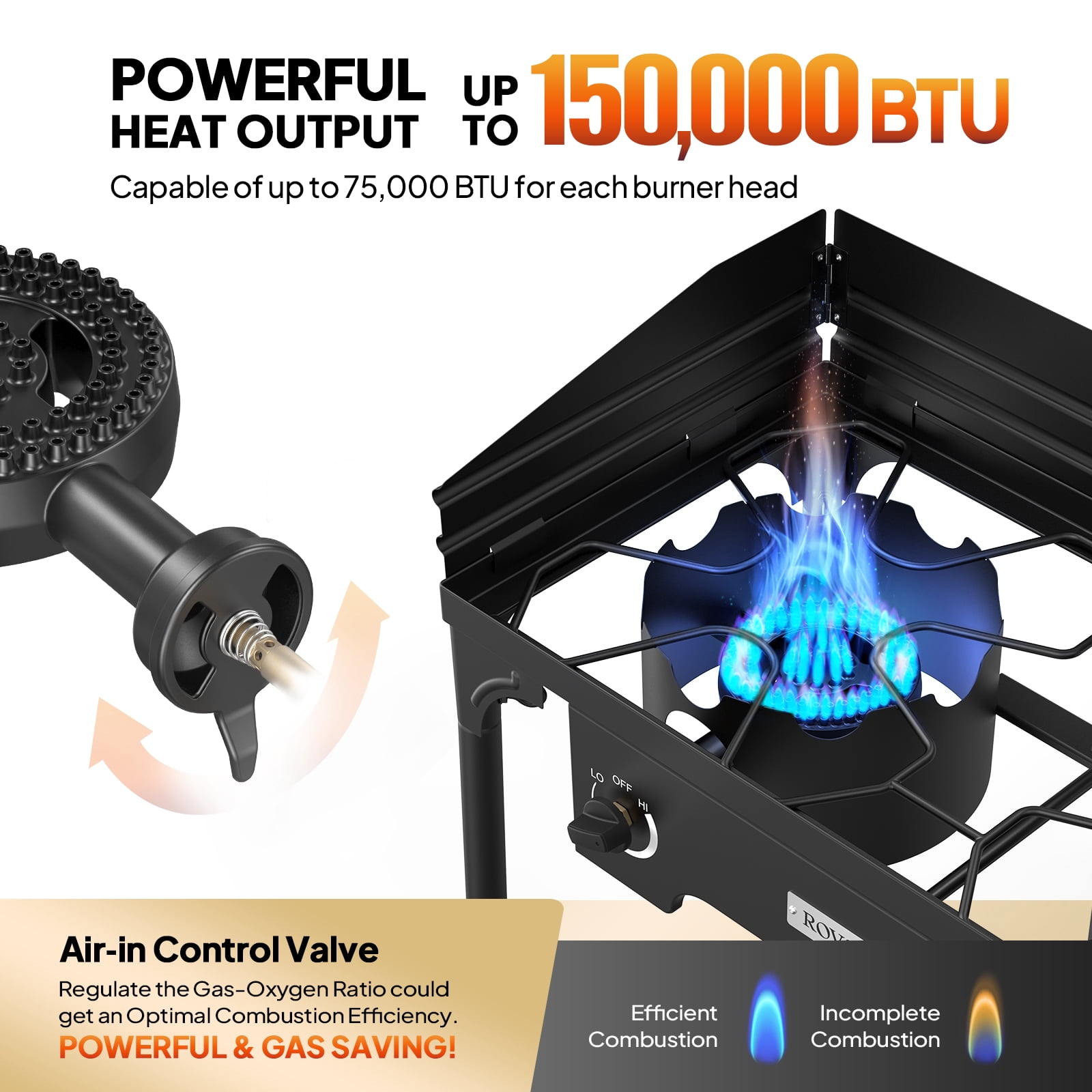 ROVSUN 2 Burner Outdoor Propane Gas Stove with Windscreen, 150,000 BTU High Pressure Stand Cooker for Backyard Cooking Camping Home Brewing Canning Turkey Frying, 20 PSI Regulator