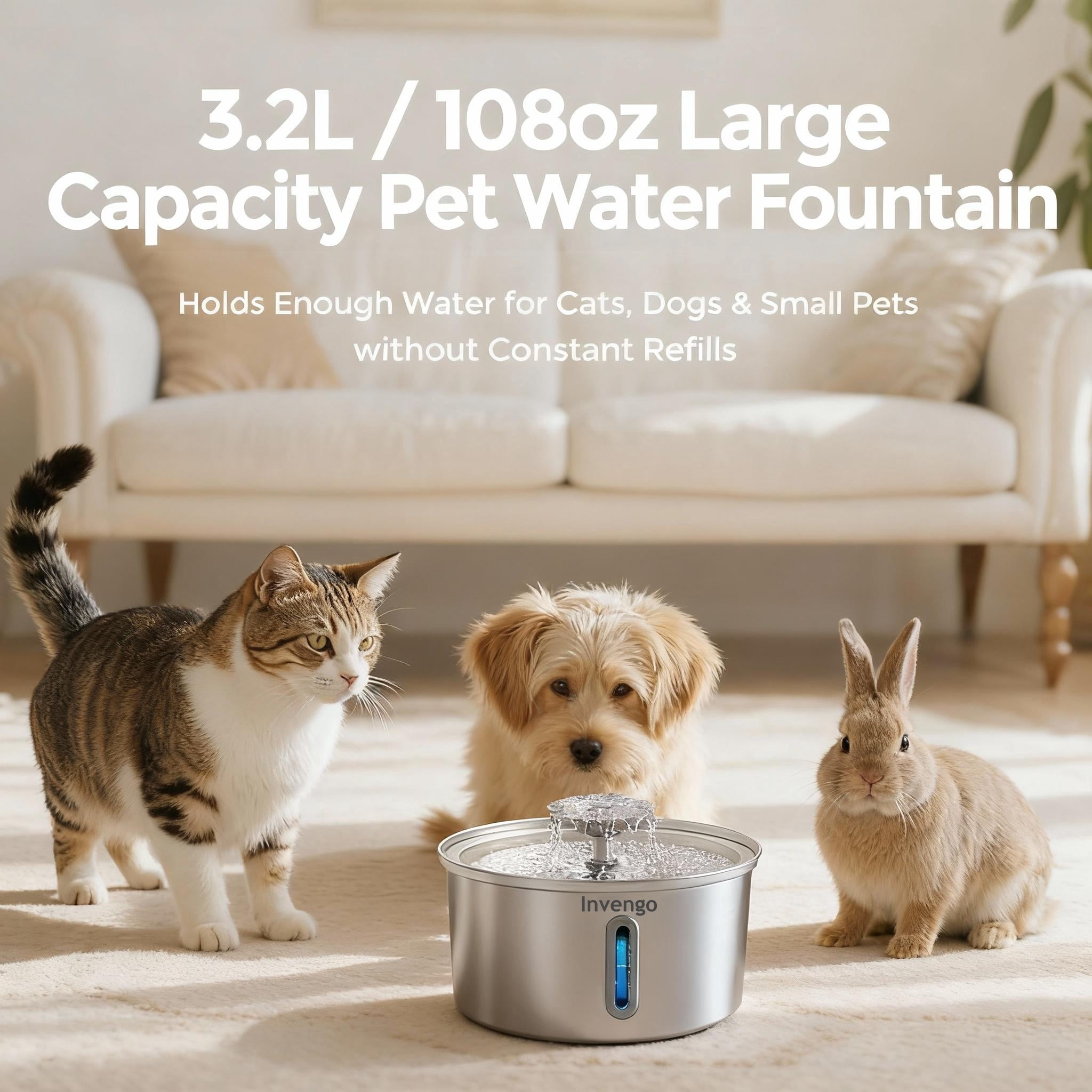 3.2L/108oz Stainless Steel Cat Water Fountain, Invengo Automatic Pet Water Dispenser with 2 Flow Modes, BPA-Free, Food-Grade Metal, Ultra-Quiet Pump for Indoor Cats &Dogs