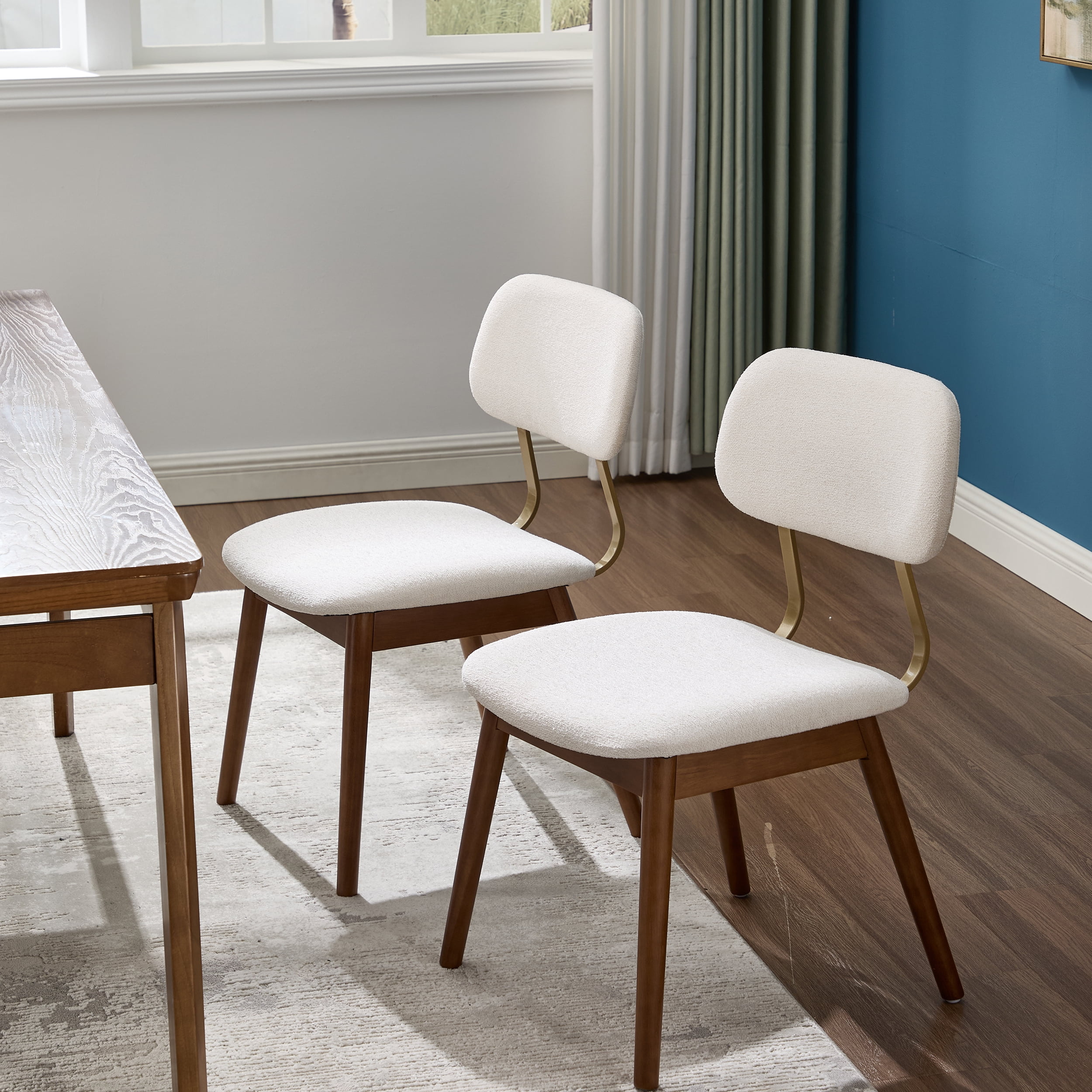 Garitin Dining Chair Set of 2 and Wooden Side Chairs, Fabric Upholstered Seating with Curved Backrest for Kitchen and Dining Room, Beige